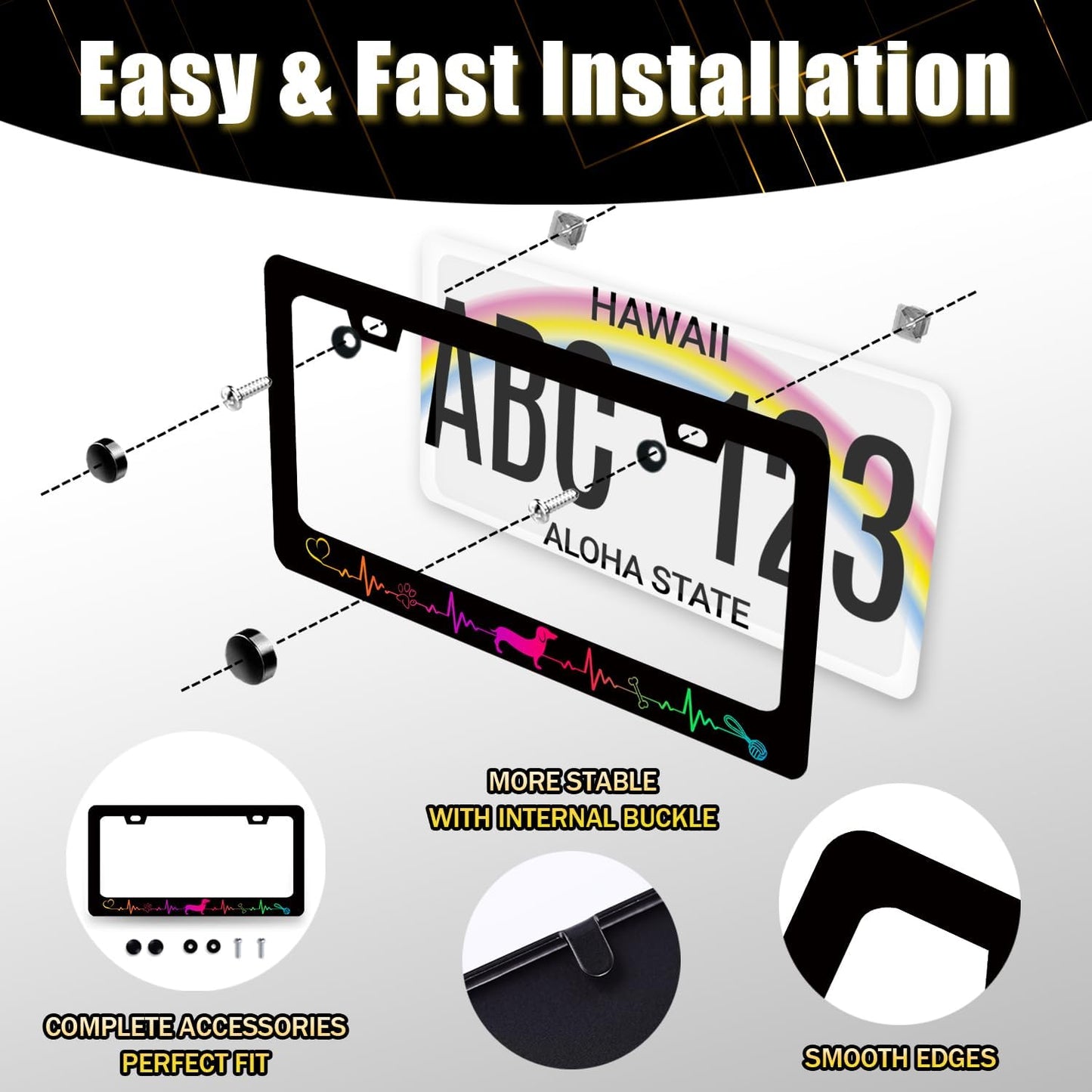 Colorful Dachshund License Plate Frame Lifeline Dogs Paws License Plate Holder Funny License Plate for Car Decoration Stainless Steel Animal Car Accessory with Screws Men Women 12.3"x 6.3"