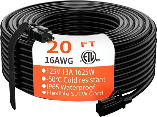 HUANCHAIN Indoor Outdoor Black Extension Cord 20 ft Waterproof, 16/3 Gauge Flexible Cold-Resistant Appliance Extension Cord Outside, 13A 1625W 16AWG SJTW, 3 Prong Heavy Duty Electric Cable, ETL