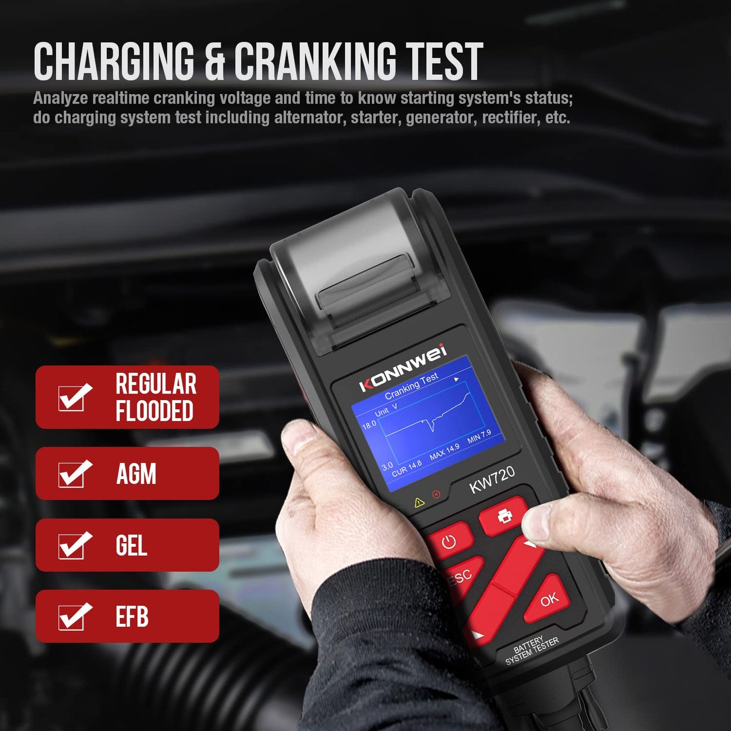 KONNWEI KW720 Car Battery Tester 6V 12V 24V W/Printer, Battery Load Tester Automotive 100-2000CCA Digital Auto Battery Analyzer Alternator Starter Tester for Car Truck Motorcycle(Paper Included)