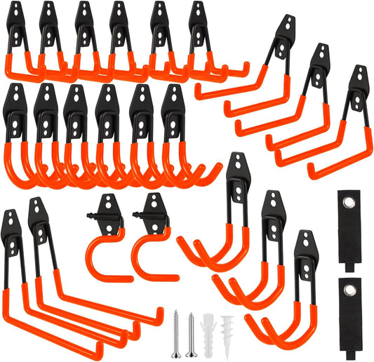 Garage Hook Heavy Duty Wall Storage Hangers, 24 Pack Garage Storage Hooks Steel Tool Orange for Ladders, Ropes, Garden Tools