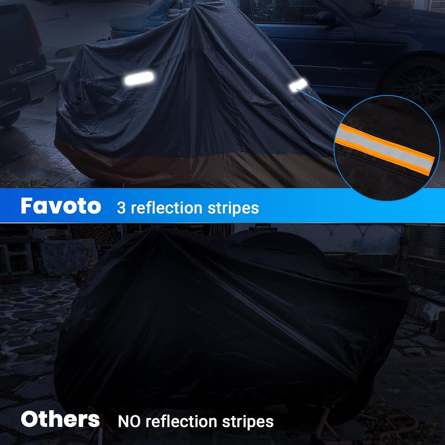Favoto Motorcycle Cover Waterproof Outdoor - 116 inches Length All Season Universal Weather Sun Protection Night Reflector with Lock-Holes & Storage Bag Motorbike Vehicle Cover
