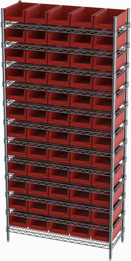 Hudson Exchange 36x14x74, 12-Tier (60 Bins Included), Industrial Wire Shelving Unit with Storage Shelf Bins, Chrome Rack (Red)