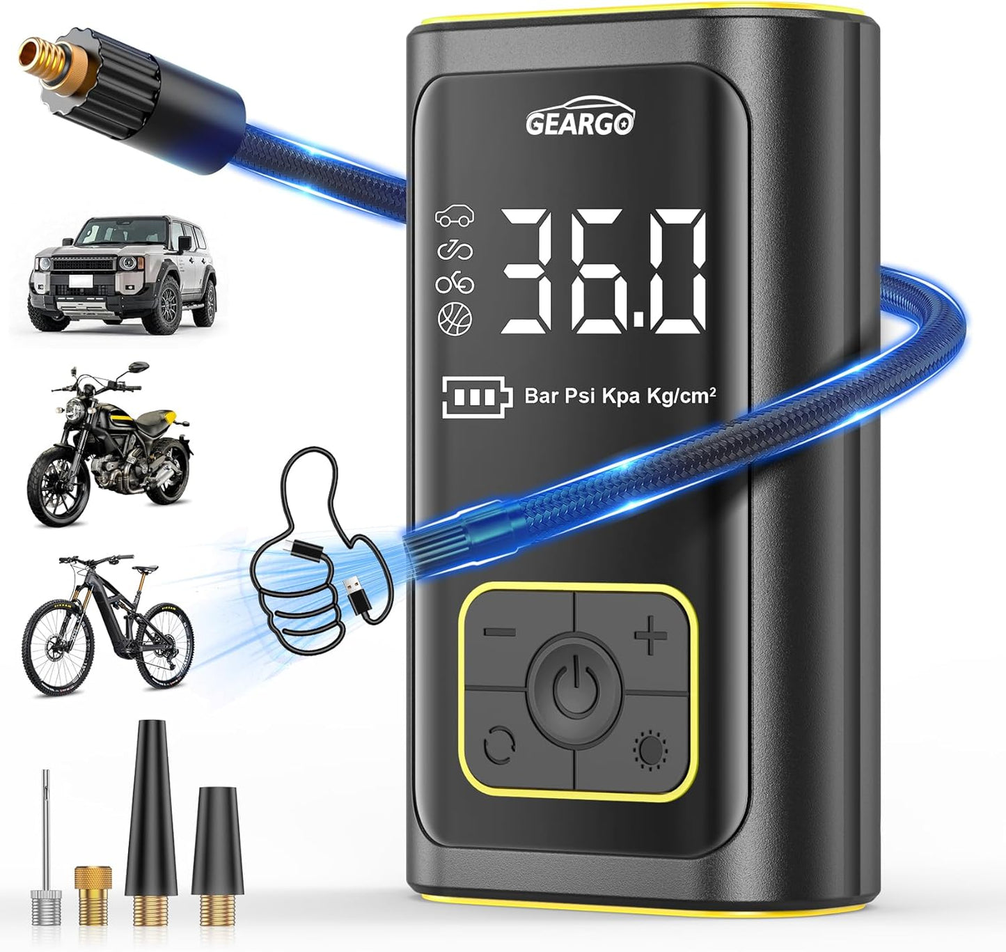 GEARGO Portable Tire Inflator Air Compressor 150PSI Cordless Air Pump for Car, Motorcycle, Bicycle Tires, Balls, 3X Faster Auto Smart Air Pump with Digital Pressure Gauge, LED Light, Black Yellow