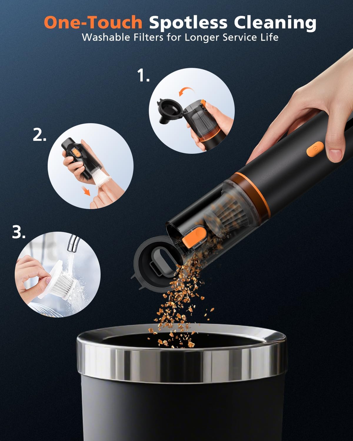 Car Vacuum Portable with 16000Pa Powerful Suction, Handheld Vacuum Cordless Rechargeable Blow & Suction 4 in 1, Small Vacuum Cleaner for Car, Home, Office, Outdoor (Black Orange)