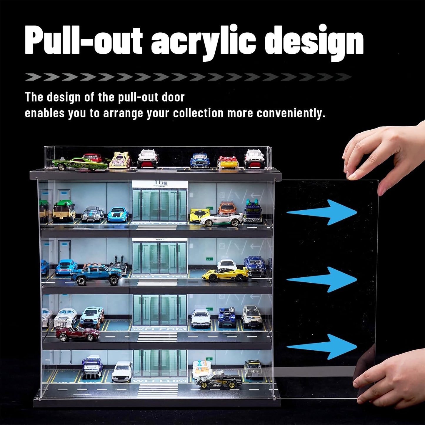 Display Case Compatible with Hot Wheels Garage & Matchbox Cars with LED Light 1/64 Scale Diecast Toy Cars Storage Case 5 Level Holds Max 75 Cars Storage Case for Hot Wheels Garage Gifts for Collector