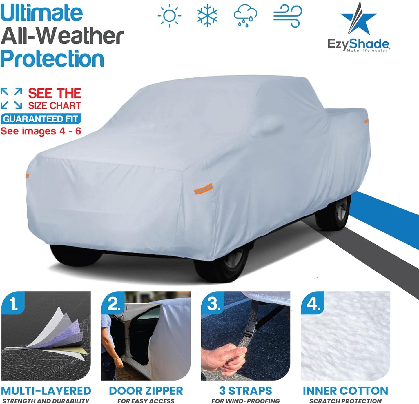 EzyShade 10-Layer Truck Cover Waterproof All Weather. See Vehicle Size-Chart for Accurate Fit. Full Outdoor Pickup Truck Covers for Ranger Frontier Tacoma. Sun Wind Rain. Size T1 (See SizeChart)