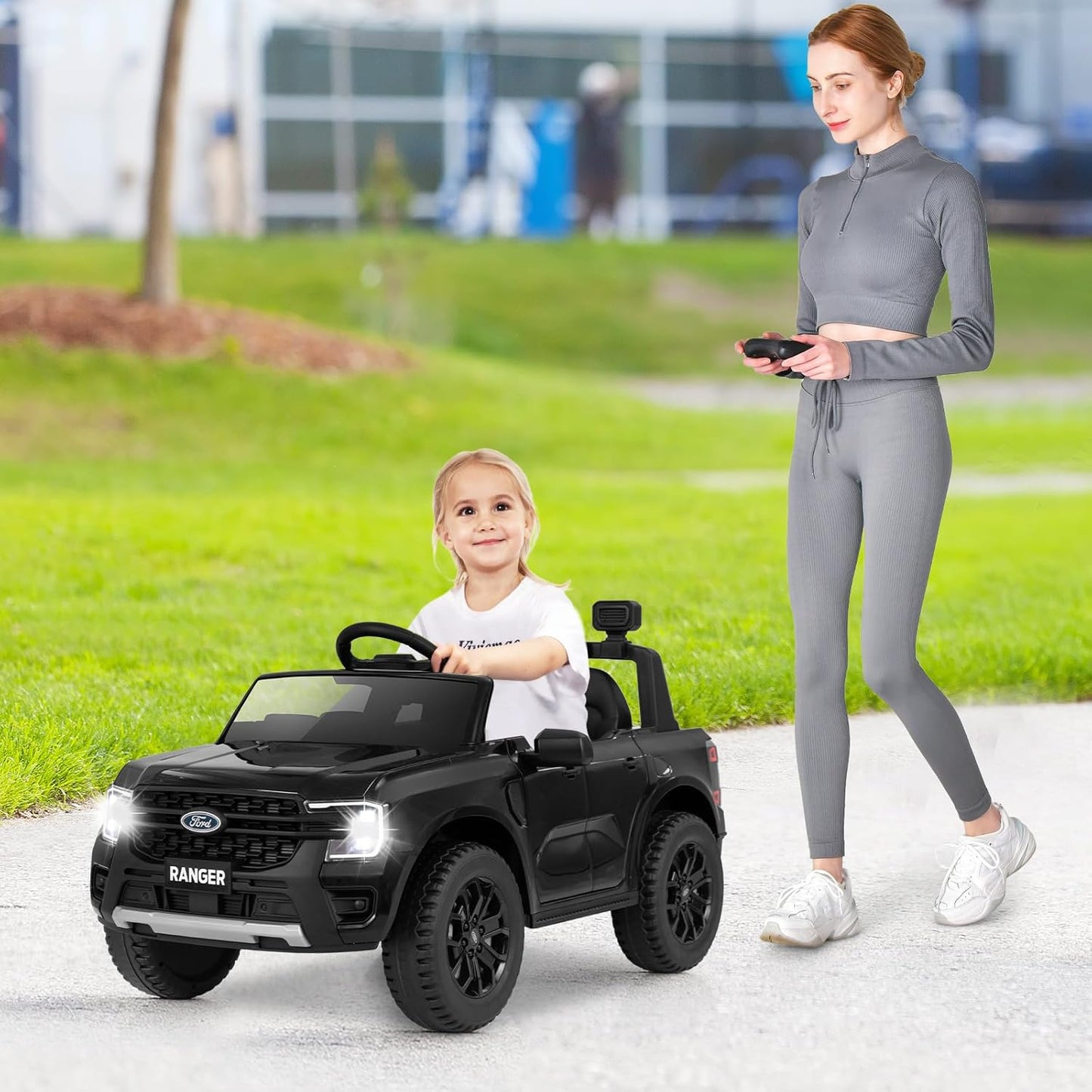 HONEY JOY Ride On Car, 12V Licensed Ford Ranger Electric Vehicle for Kids, Spring Suspension, Music & 3 Speeds, Horn, LED Lights, Battery Powered Ride On Toy with Remote Control(Black)