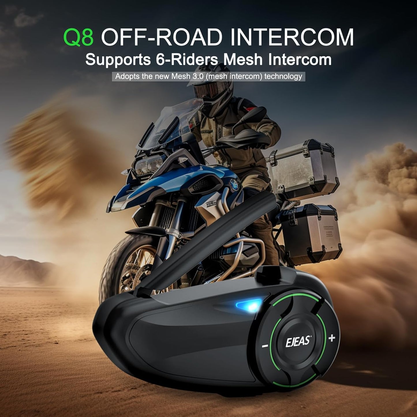 EJEAS Q8 2PC Motorcycle Bluetooth Headset, Upgraded Mesh 3.0 Intercom System with Music Sharing and IP67 Waterproof for 6 Riders Group Talking