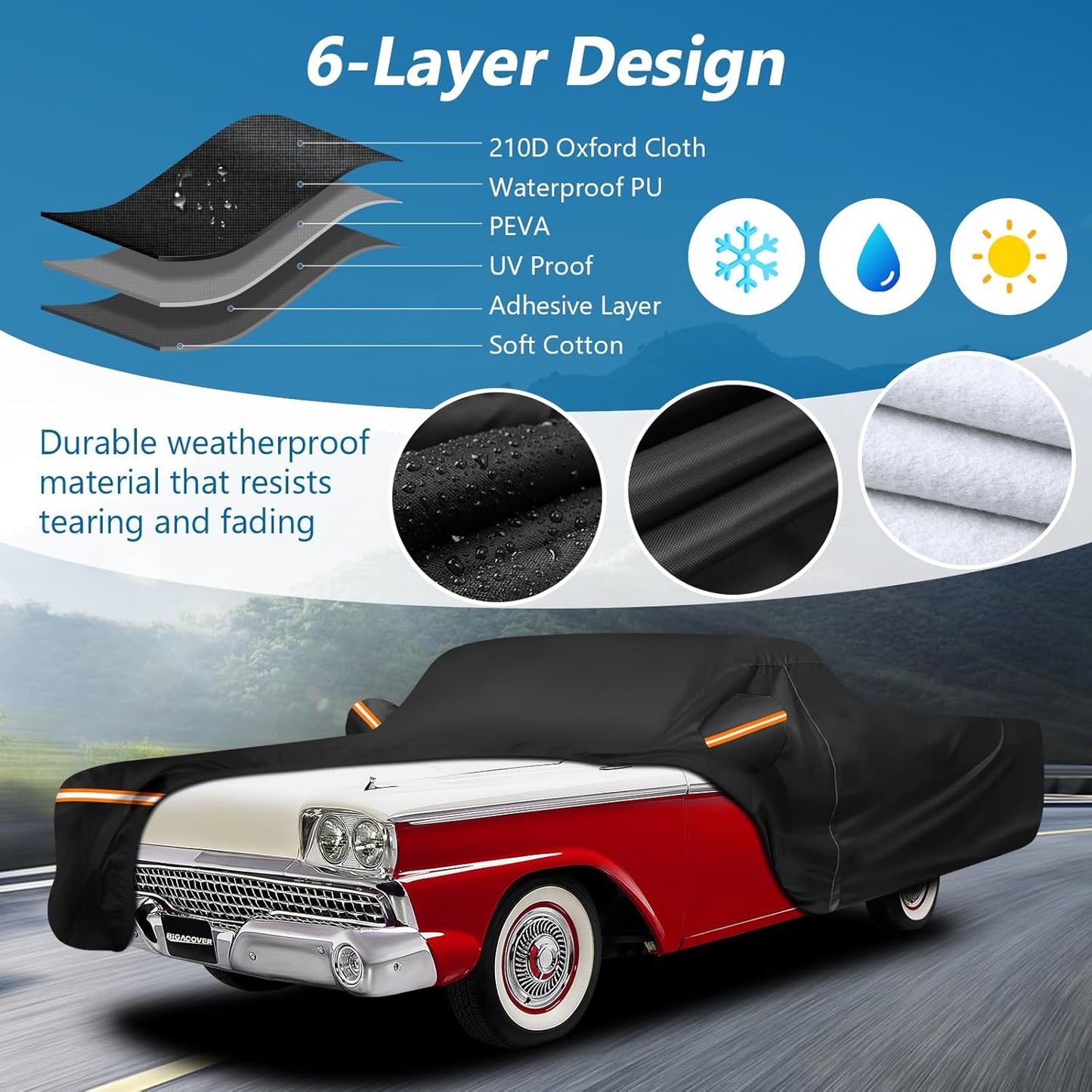 Car Cover for Ford Ranchero 1957-1959 1968-1979, Waterproof 210D Oxford Cloth and Cotton Cover Outdoor Full Car Covers with Zipper Windproof Heavy Duty All Weather Protectio