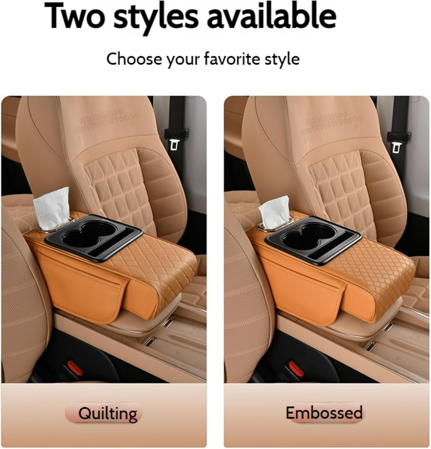 Car Center Console Cover Booster Multifunctional Car Center Console Cushion Pad with Cup Holder & Tissue Box & Side Pockets Arm Rest Cover for Car, Quilting, Black