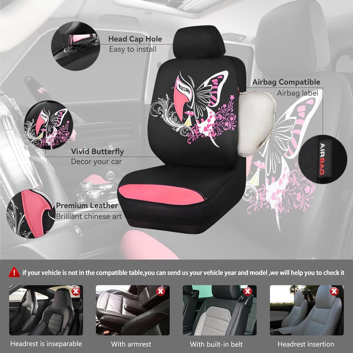 CAR PASS Pink Leather & Gaberdine Butterfly Car Seat Covers Full Set with Waterproof Car Floor Mats and Embroidered Butterflies Steering Wheel Cover for Interior Sets ((Black & Pink)