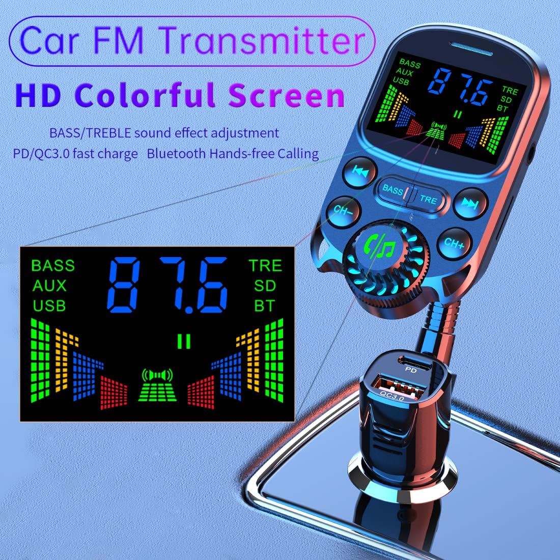 Bluetooth FM Transmitter for Car 1.5" Color Screen Display Wireless Handsfree Radio Transmitter Car Charger Adapter Support TF Card USB Flash Drive 48W PD/ QC3.0 Dual USB Charging (Black)