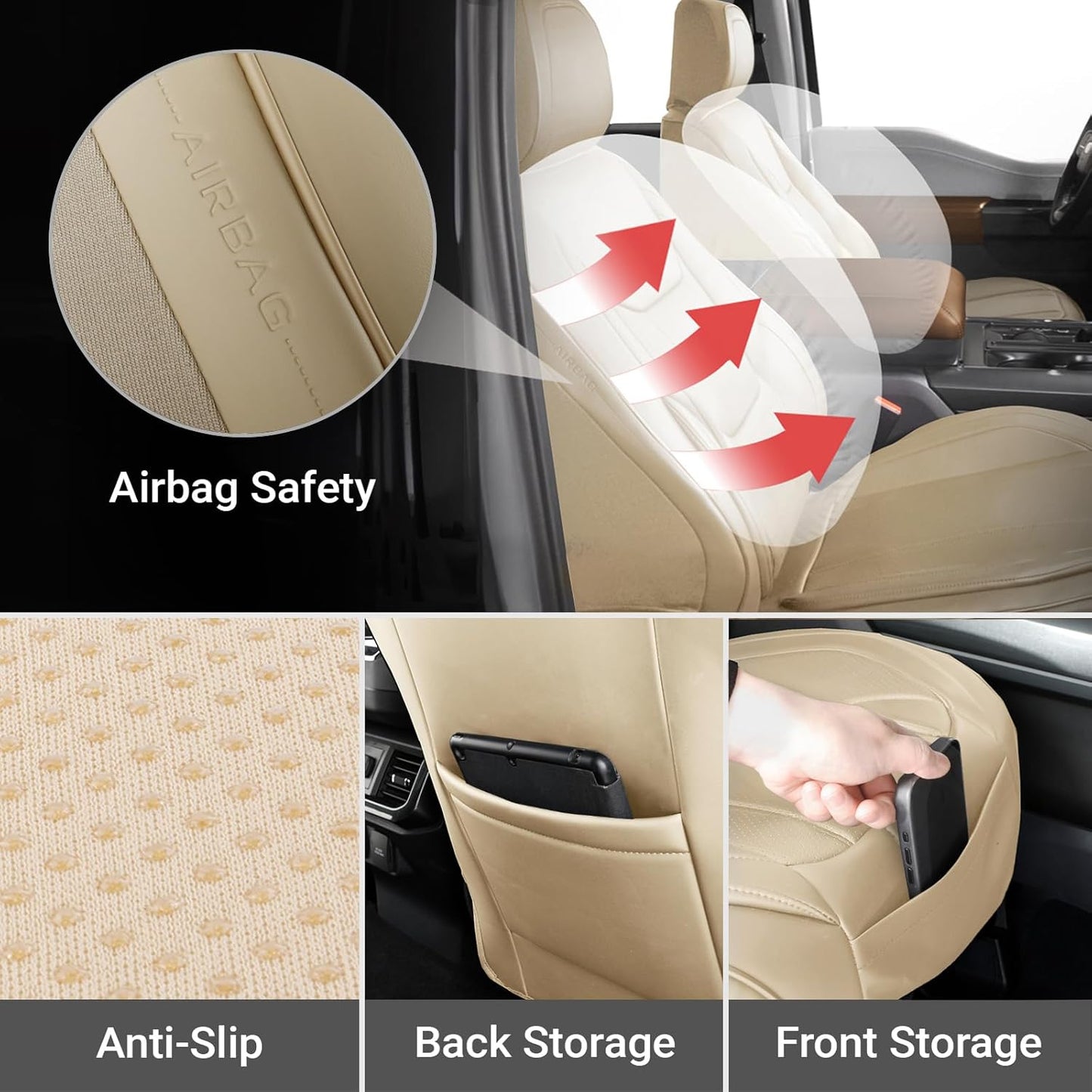 Coverland Custom Car Seat Covers Compatible with Silverado 1500, Frontier, Tacoma - Premium Leather Non-Slip Memory Foam Waterproof Interior Protector Front Seat-Beige [See Size Chart-Size A31]