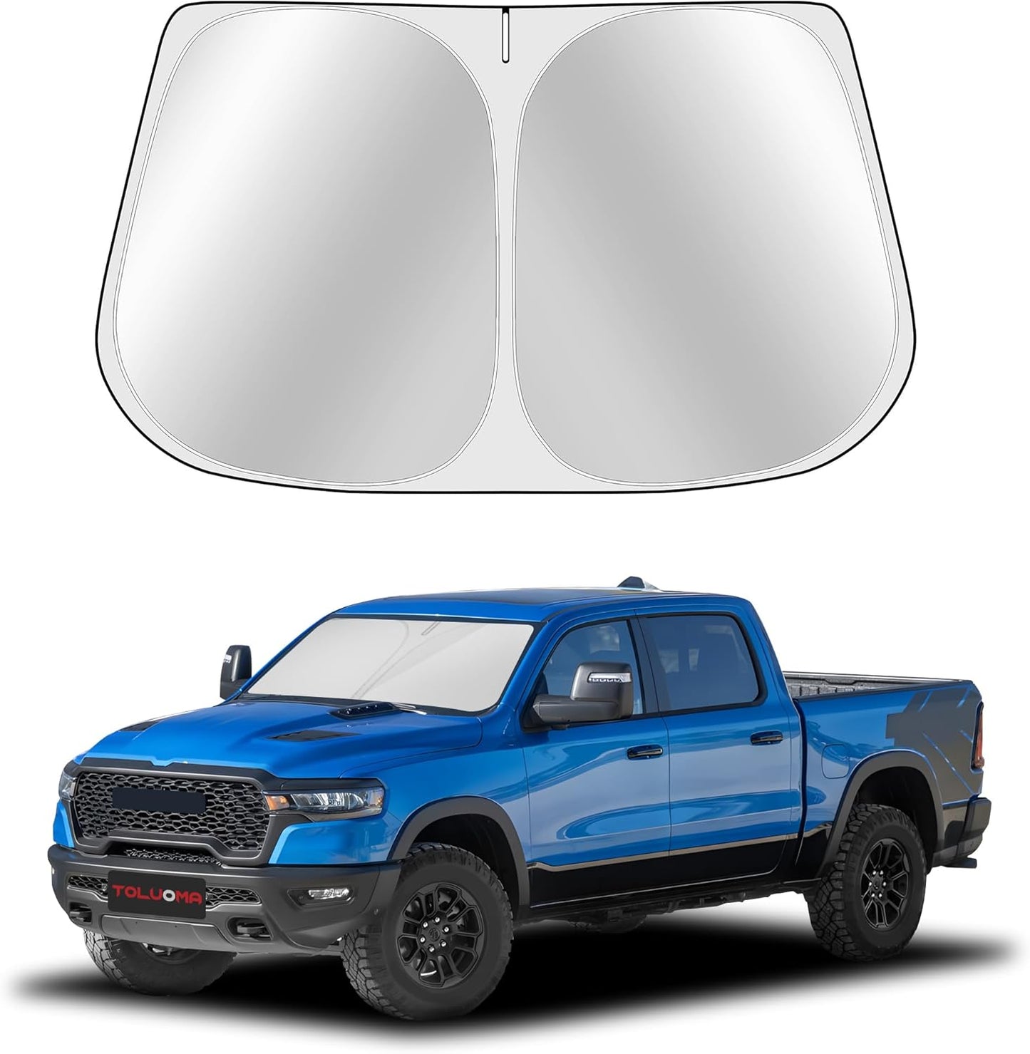 Custom Fit Windshield Sun Shade for Dodge RAM 1500 2019-2025 - Full Coverage, 210T Reflective Fabric, Double-Layer Design - Blocks 99% UV Rays, Keeps Car Cool, Easy to Install and Store