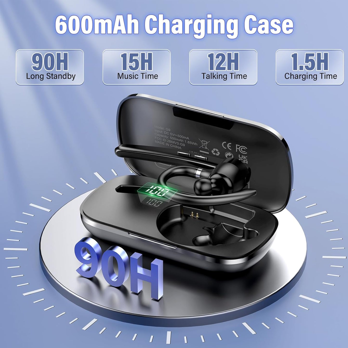 Bluetooth Headset, Wireless Bluetooth 5.3 Earpiece, 90Hrs Hands Free Headset with APTX HD Audio & Mute Button, Dual Noise Cancelling Mics, Single-Ear Headphone for Trucker/Business/Office/Gym