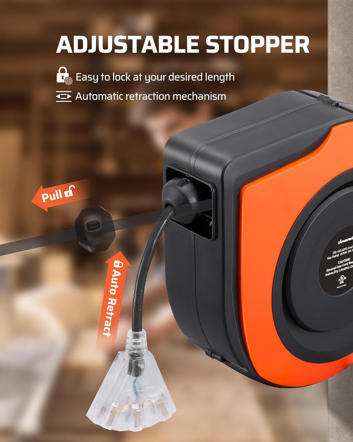 DEWENWILS Retractable Extension Cord Reel, 75 FT Heavy Duty Power Cord, 14/3C SJTOW, Lighted Triple Tap Outlets, 10A Circuit Breaker, Wall/Ceiling Mounted for Garage, Workshop, UL Listed