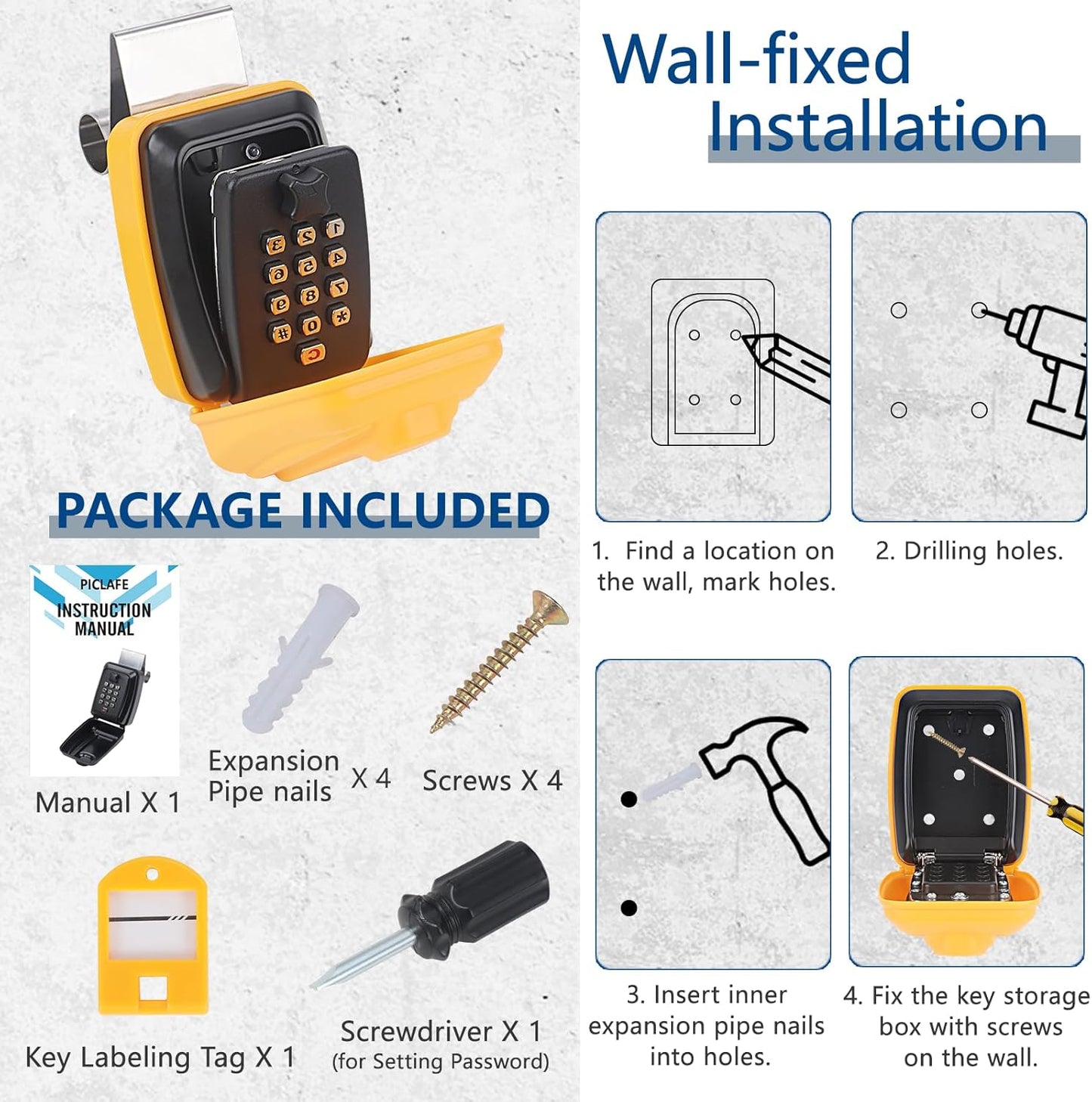 Car Window Punch Button Lock Box, Yellow Portable Car Key Lock Box with Key Labeling Tag, Sturdy Waterproof Large Capacity Lock Box for Turo, Ride Share, GetAround