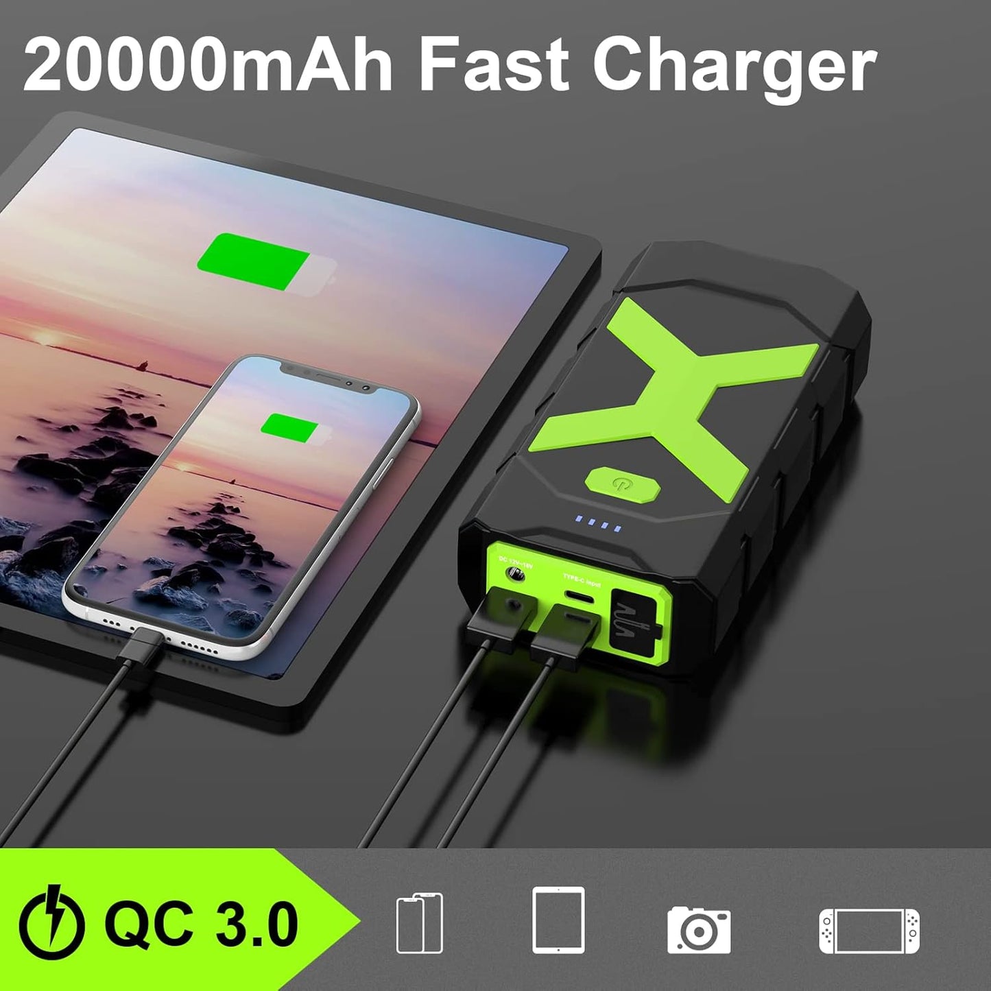 BOOKOO Jump Starter 2000A for Car/Boat/Lawnmower(8.0L Gas/6.5L Diesel Engine) Portable 12V Car Battery Jump Starter with Cables,Wall Charger,USB 3.0 Fast Charging,16V DC Output,3 LED Modes