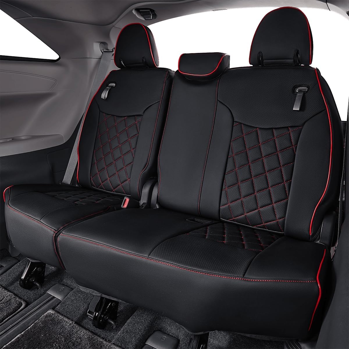 EKR Sienna Seat Covers for 2011-2020 Toyota Sienna L,LE,XLE,Limited,7 Seats,2nd Row Captain Seats W/NO Legrest,Waterproof Car Seat Cover Full Set,Car Seat Protectors-Leather(Black with Red Piping)