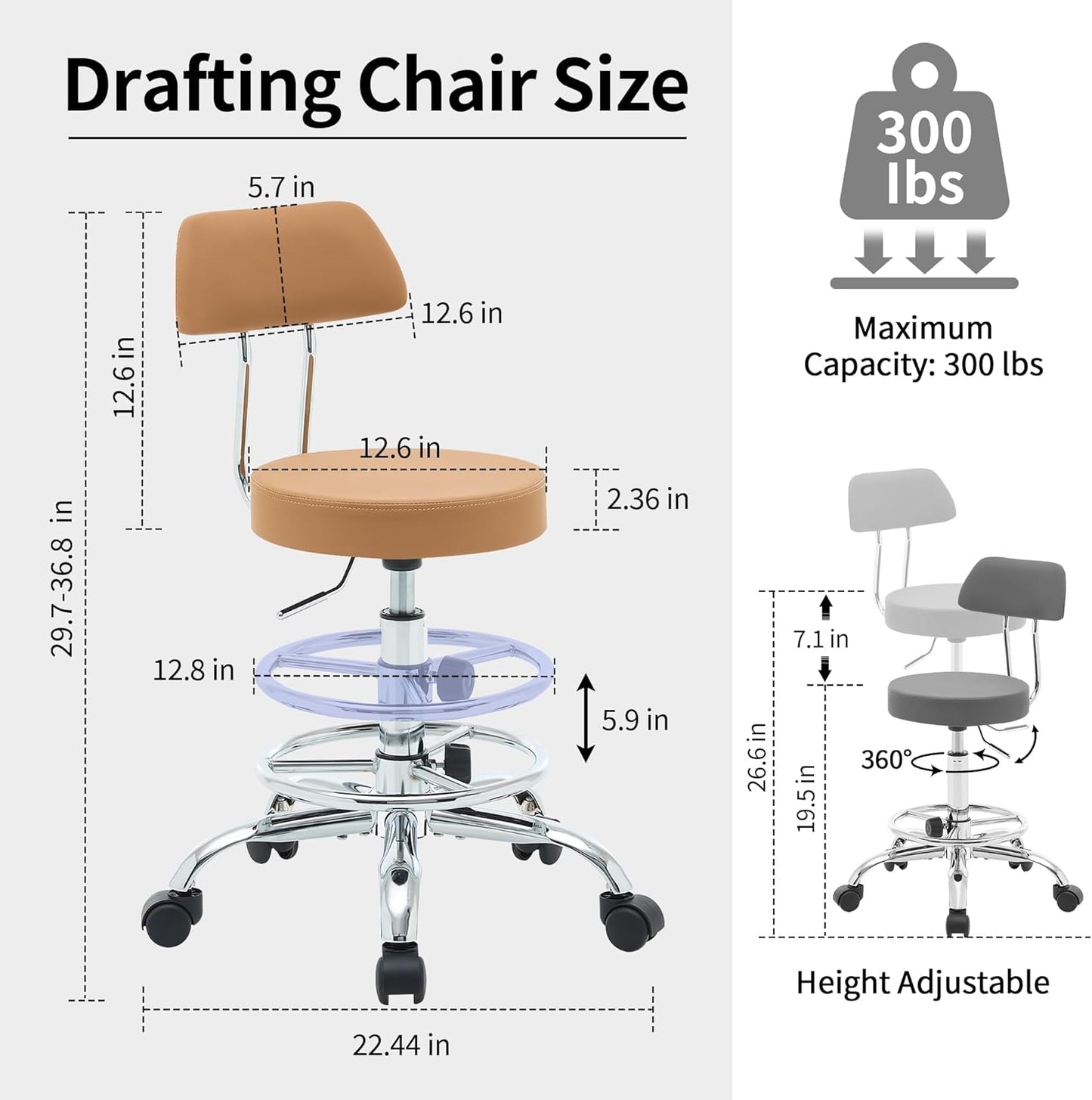 Ergonomic Desk Stool(Sturdy Rolling Stool with Back)(Swivel Armless Office Chair 19.5’’-26.6’’) Adjustable Footrest Salon Chair (Camel Brown)