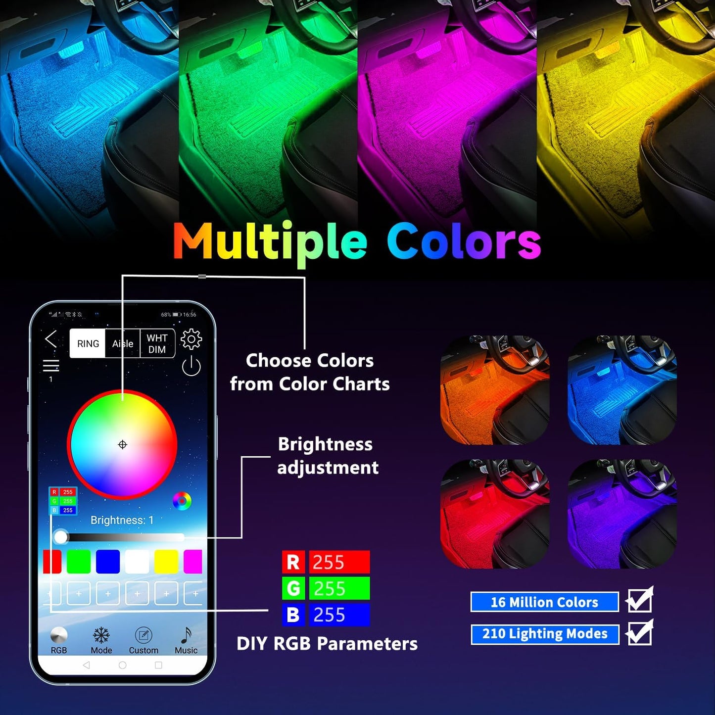 Car Led Interior Light Strip 72LEDs Under Dash Foot Well PVC Housing RGB DIY 210 Modes Static/Chase/Gradient/Strobe, Music Sync, Timer App Switch Control, USB 5V DC 12V, No Remote