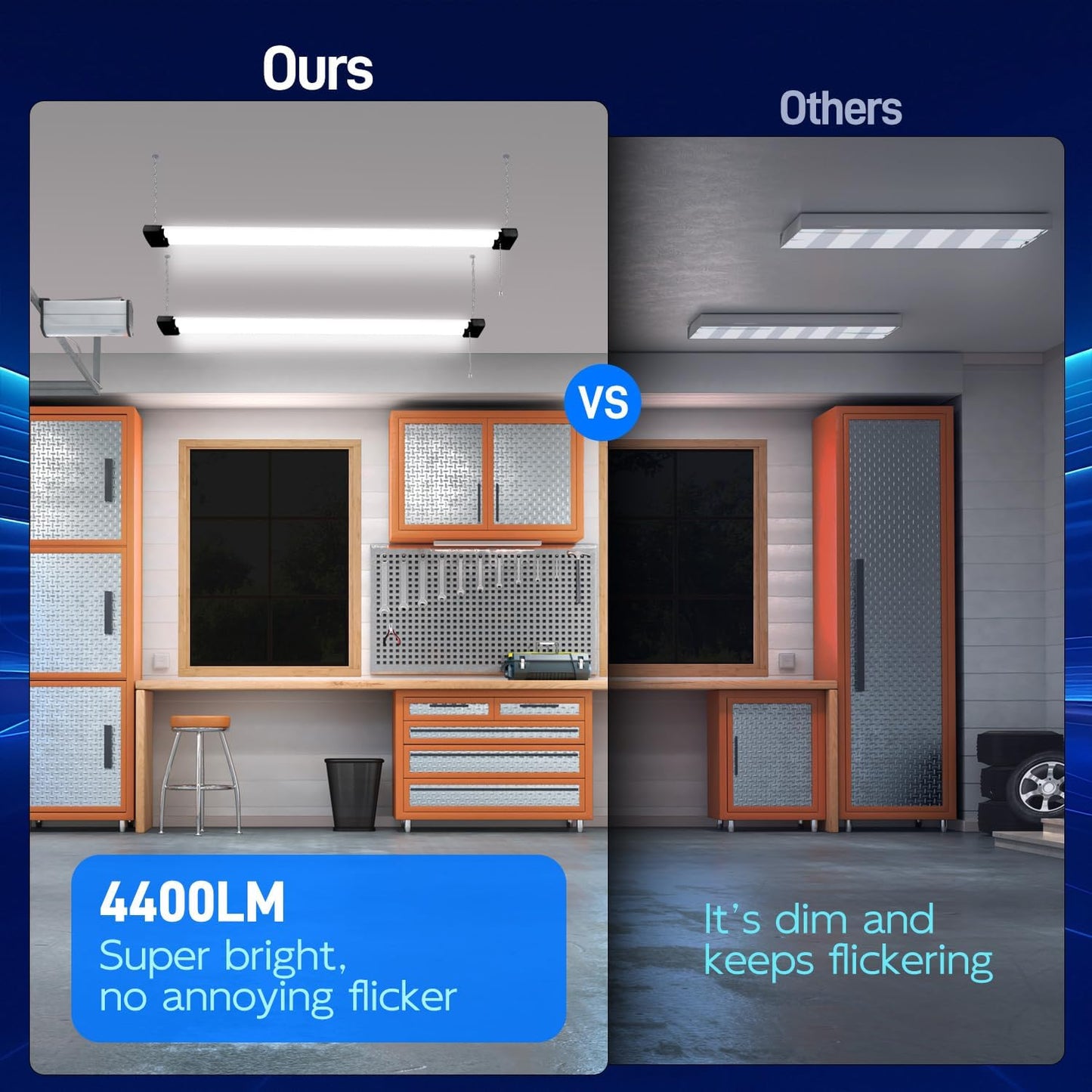 hykolity 5000K LED Shop Light Linkable, 4FT Daylight 42W LED Ceiling Lights for Garages, Workshops, Basements, Hanging or FlushMount, Power Cord with Pull Chain, 4400lm, ETL- 1 Pack