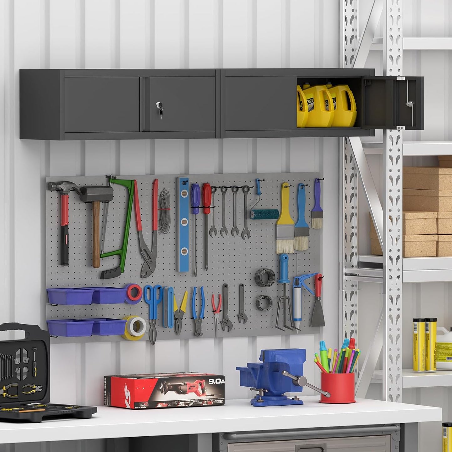 GREATMEET Metal Locking Garage Storage Cabinets, Lockable Storage Cabinet with Doors, 12.8" Metal Wall Cabinet, Wall Mount Hanging Floating Cabinet with Lock for RV, Warehouse Living Room