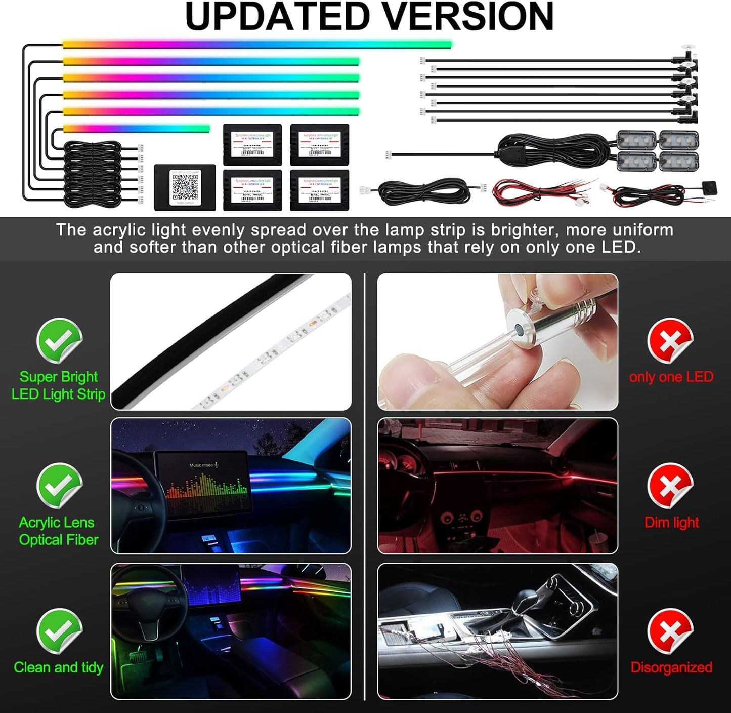 Dreamcolor Acrylic Interior Car LED Strip Light with Wireless APP, RGB 18 in 1 with 175 inches 593 LEDs Fiber Optic Ambient Lighting Kits, 16 Million Colors Sound Active Function Car Neon Lights