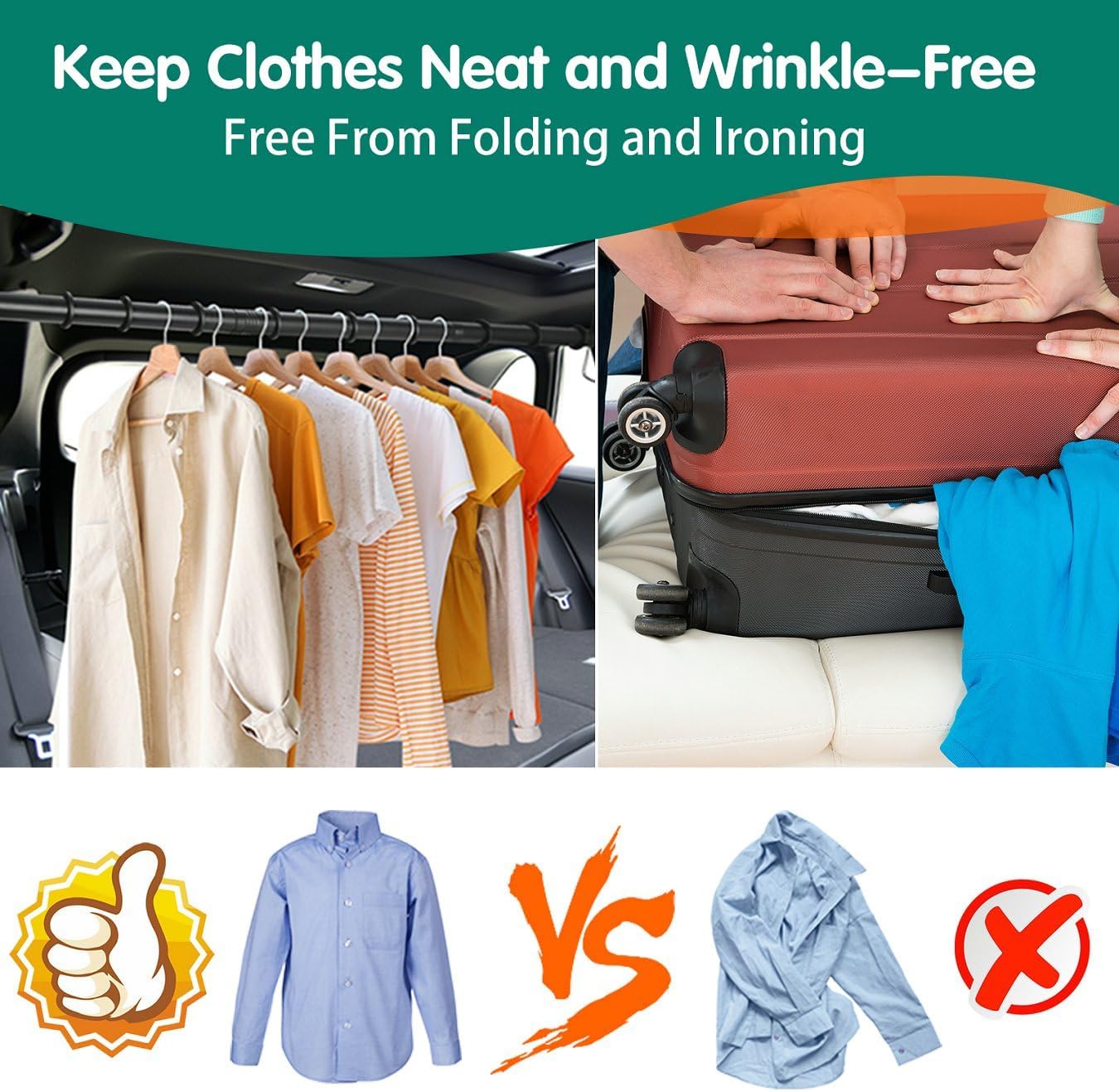 Car Clothes Hanger Bar, Heavy Duty Telescopic Clothes Rod for Cars 30–62 Inches, Wrinkle Free Clothes Rack for Sedans, SUVs, Trucks, and Most Other Vehicles, Suitable for Daily and Travel Use