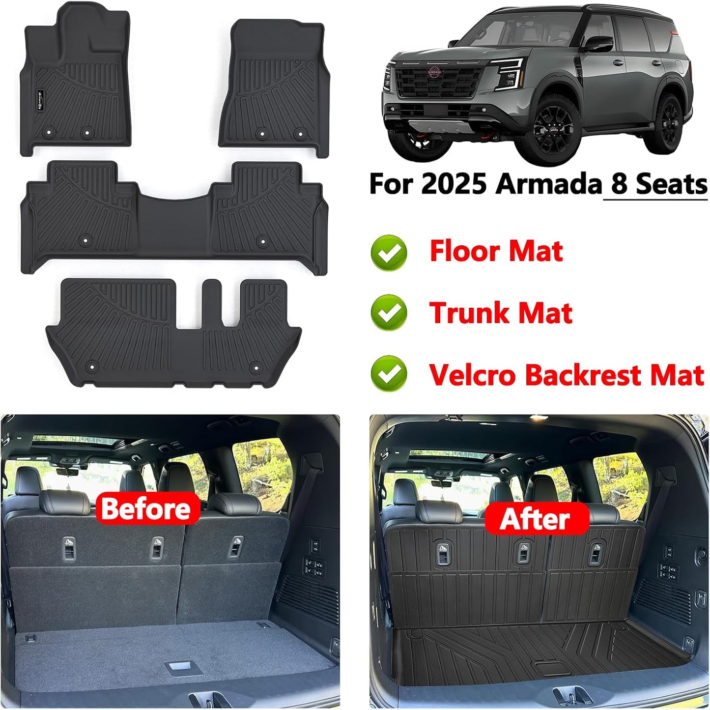 Floor Mat for 2025 Nissan Armada Only Suit for 8 Seats, TPE All Weather Protection Floor Liners & Cargo Liners Velcro Covering The Backrest (for 2025 Nissan Armada-8)