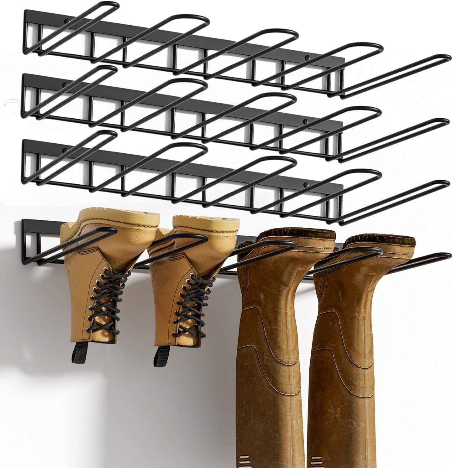 Boot Rack, Wader Hangers for wall, 8 Pair Boots Organizer Racks for Tall Boots and Cowboy shoes, Metal Wall Mounted Shoe Rack, Boot Trays for Entryway,Garage (4 Pack)