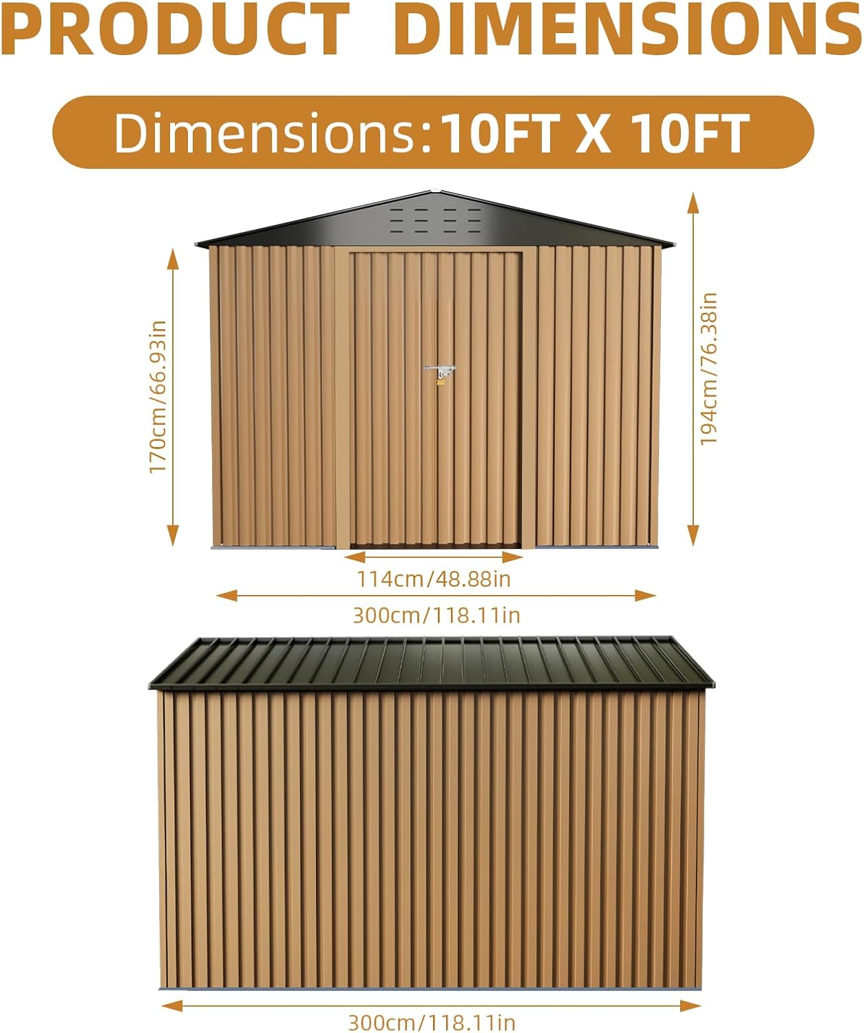 10x10FT Outdoor Metal Storage Shed, Lockable Weatherproof Garden Shed for Tools & Equipment, Durable Galvanized Steel with Sloping Roof & Ventilation, Ideal for Backyard, Patio & Garage Storage, Brown