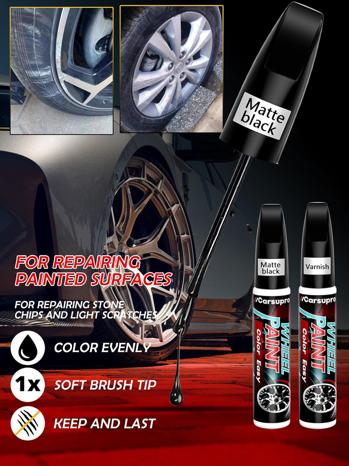 Black Rim Touch Up Paint. Wheel Scratch Repair Pen. Car Rim Paint Pen Quick And Easy Fix Rim Scratches,Rim Paint For Car Wheel Repair (2, Matte Black+Varnish)