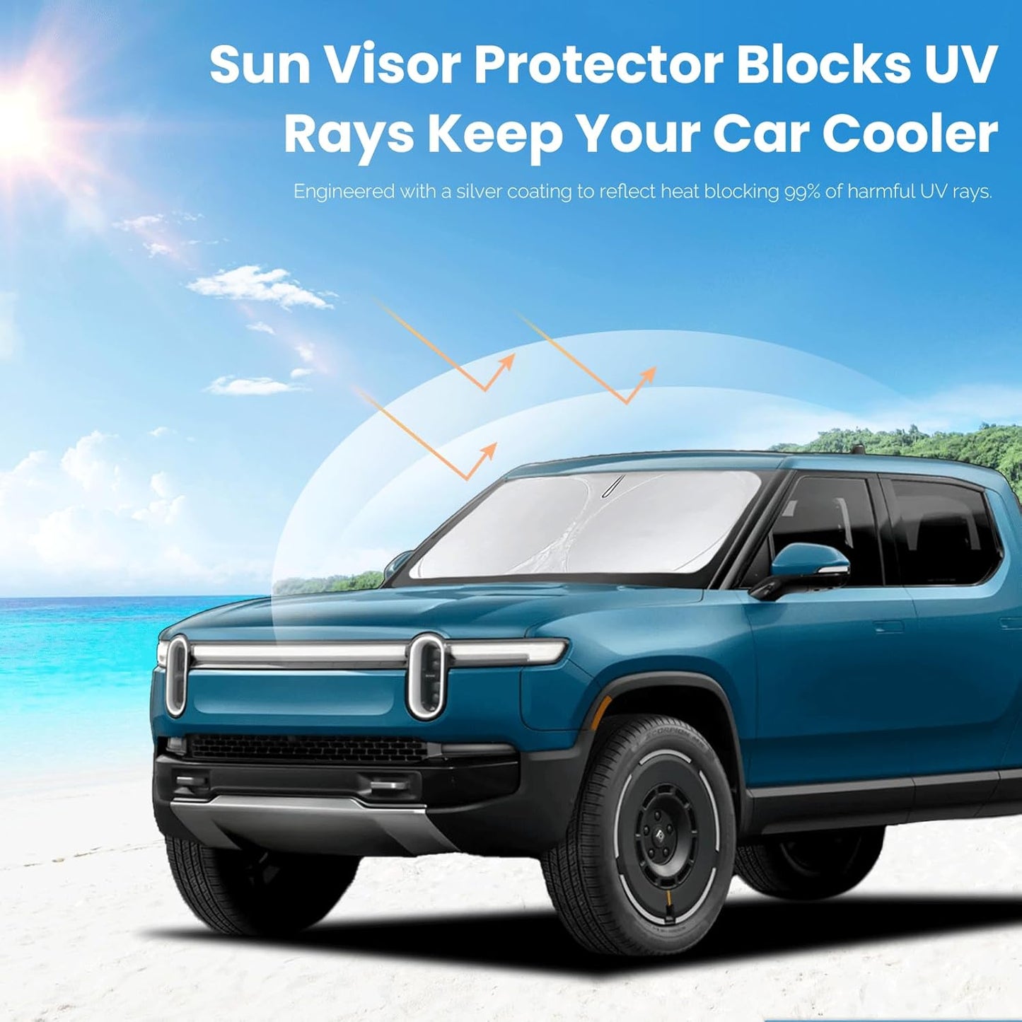 Custom Fit Rivian R1T Windshield Sunshade for 2022-2023 2024 2025 Rivian R1T Accessories Front Window Sun Shades Shield Cover for Windshield Foldable 210T Sun Visor Protector Blocks UV Ray