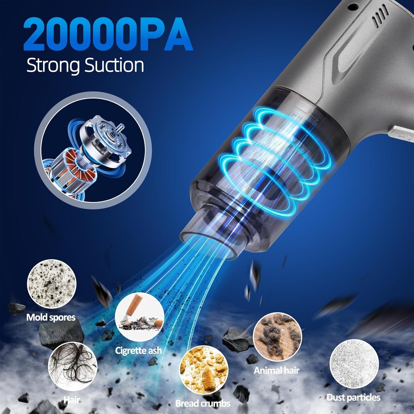 Handheld Car Vacuum Cleaner Cordless, High-Power Brushless 20000PA Mini Hand Held Vacuum Cleaner with 8 Multi-Functional Nozzle & 2 Replaceable Filters, Portable Car Vacuum for Office Pet Hair