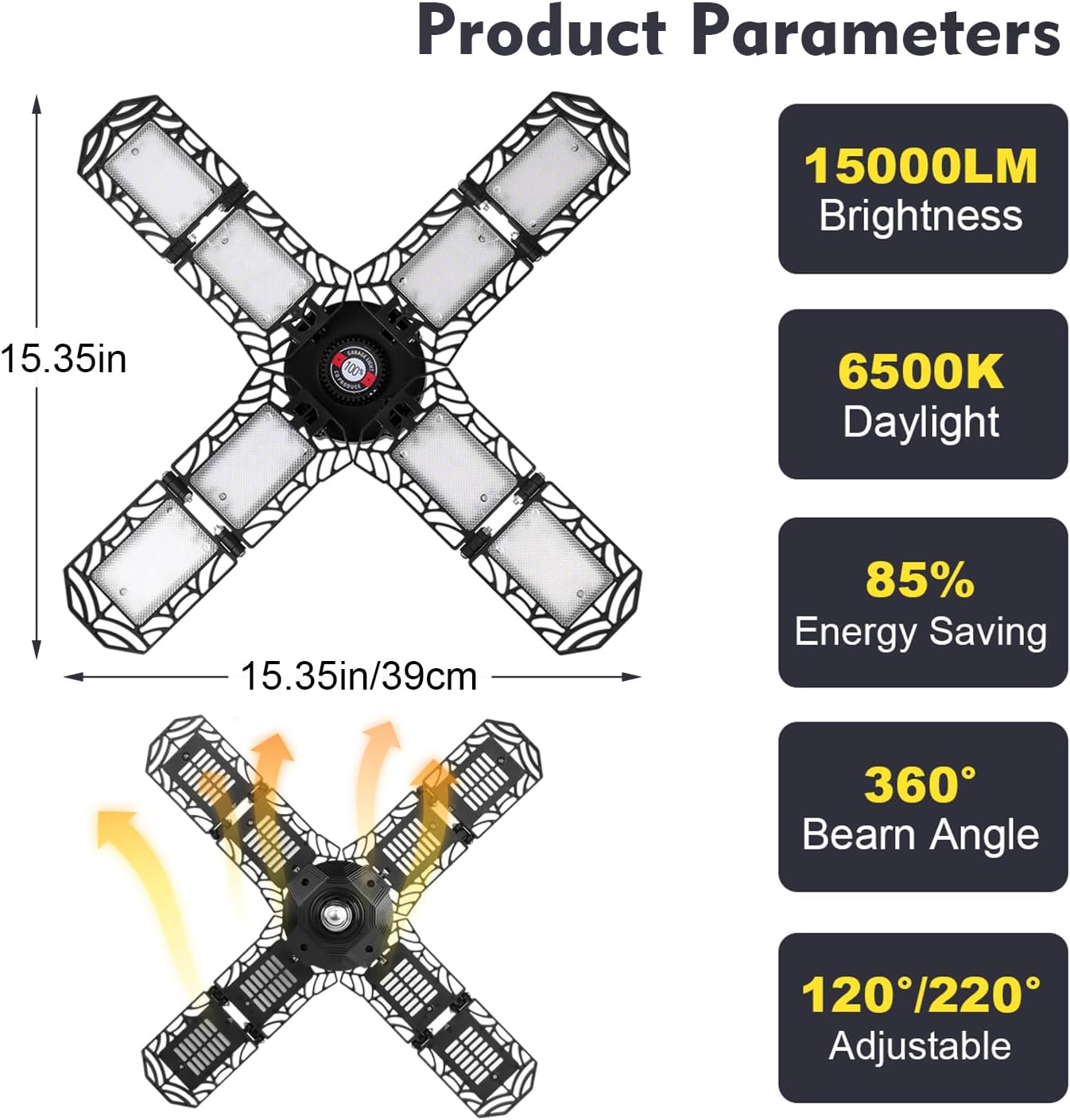 4 Pack LED Garage Light, Super Bright Screw in E26/E27 Ceiling Shop Work Lamp, 200W 20000 Lumen Deformable Basement Bulb Fixture with 8 Adjustable Panels