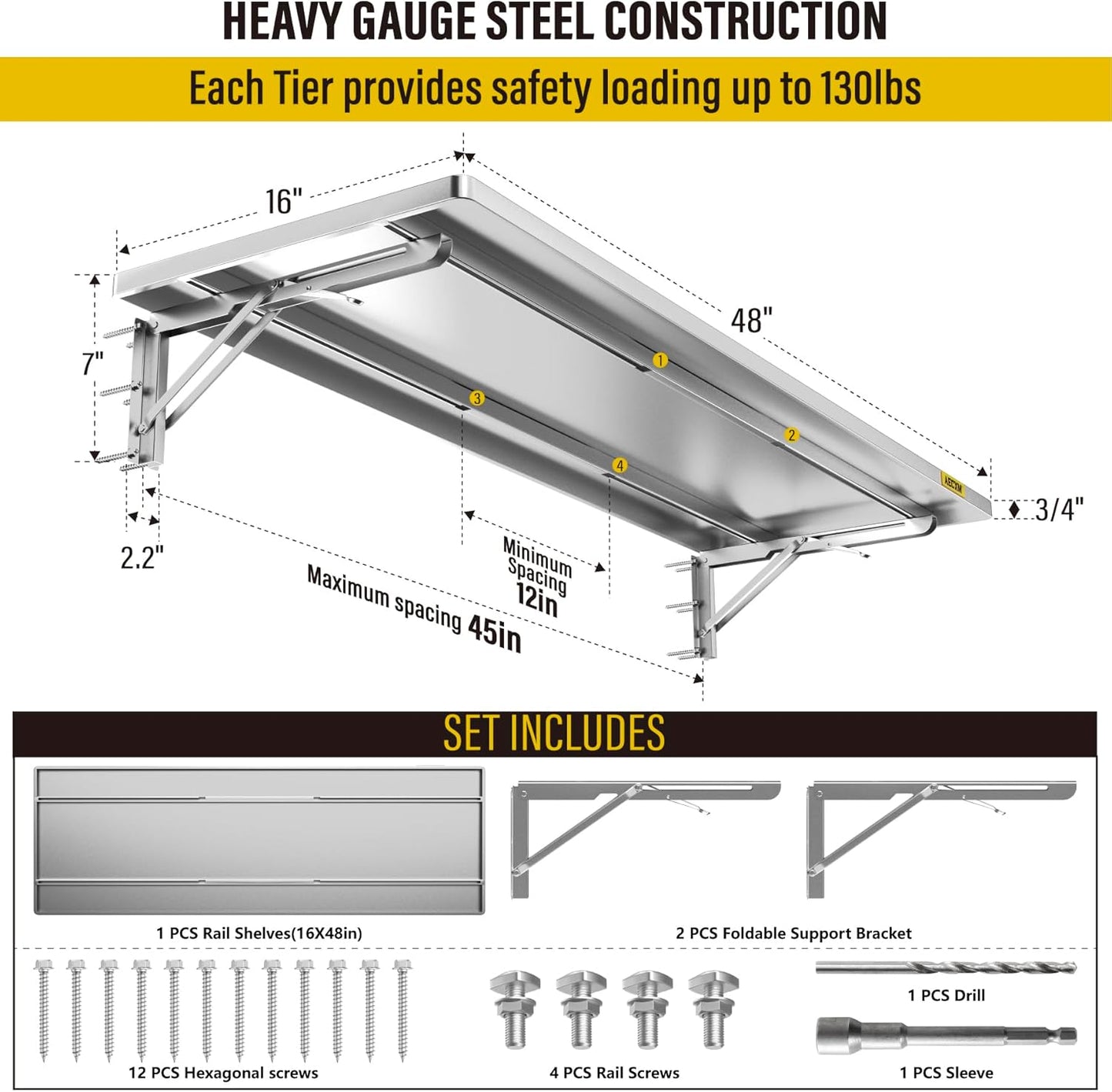 1.3x4ft Adjustable Rail Type Folding Storage Rack Shelf, Suitable for Garage, Storage Room, Kitchens Wall Shelf,Garage Storage Rack Floating Shelves, Wall Mounted Folding Table(1pc-Silver Gray)