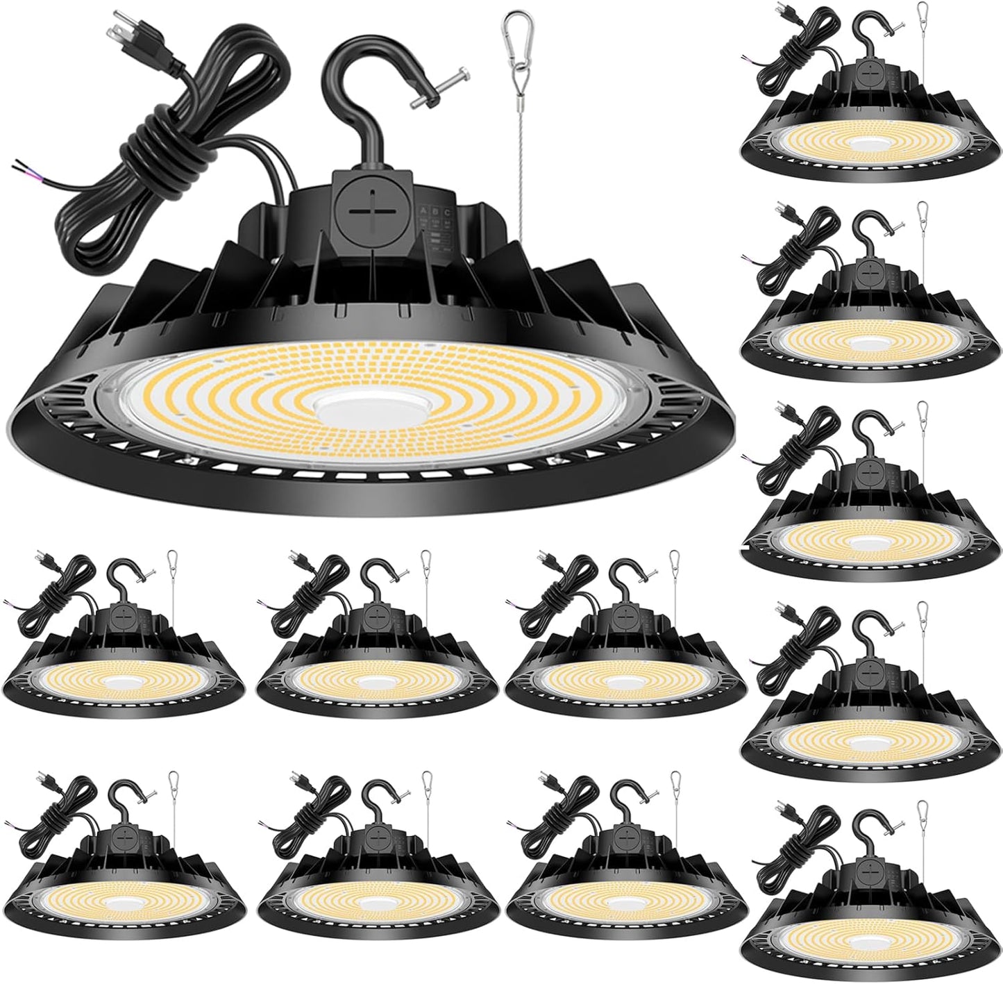 12Pack LED High Bay Lights, 150W UFO High Bay LED Shop Lights, 22500LM Adjustable CCT(5700K 5000K 4500K) & Power(150W 120W 80W), 0-10V Dimmable, 5' Cable Plug, IP65 Waterproof, ETL & DLC Listed