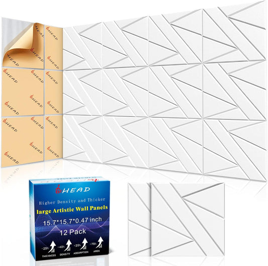 12 Pack Large Self-Adhesive Soundproof Wall Panels, 15.7 x 15.7 x 0.47 in Sound Proof Foam Panels for Walls, 1.2lb/ft³ High Density,Large Size Acoustic Panels, Sound Dampening Panels White