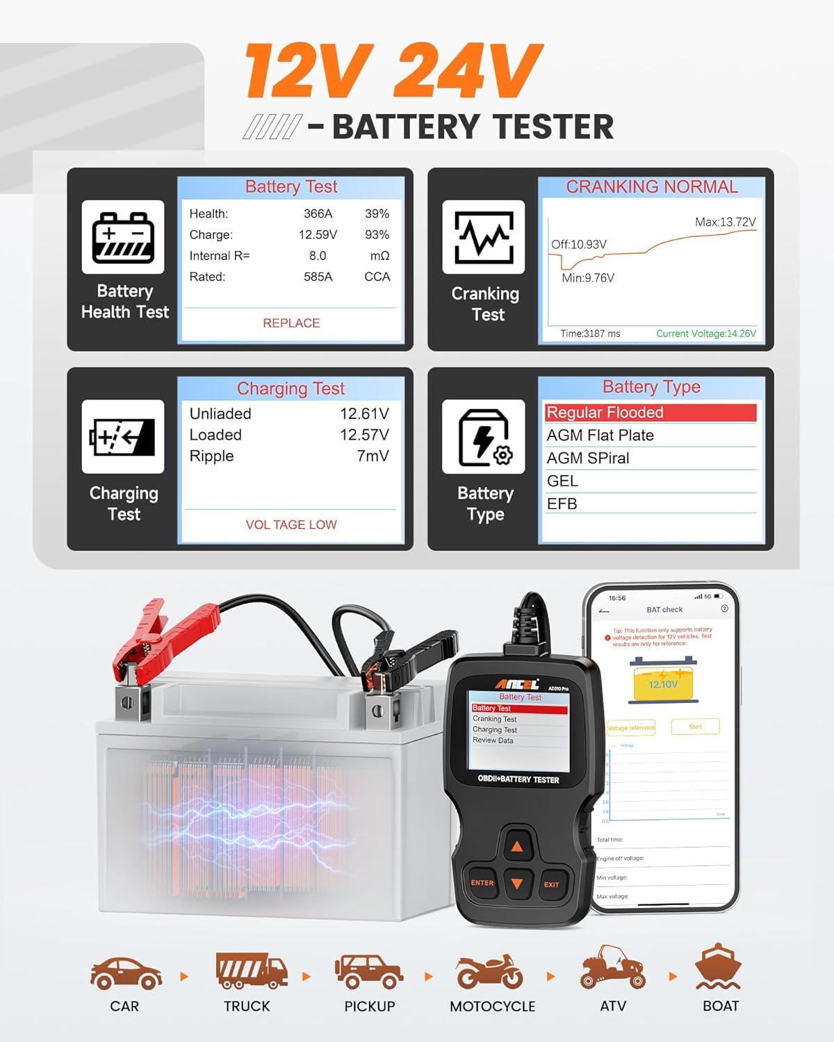 ANCEL AD310 Pro OBD2 Scanner Diagnostic Tool & Car Battery Tester & Bluetooth OBD2 Reader, Check Engine Code Reader for Car with Lights Reset Live Data, 12V 24V Battery Charging/Cranking System Test