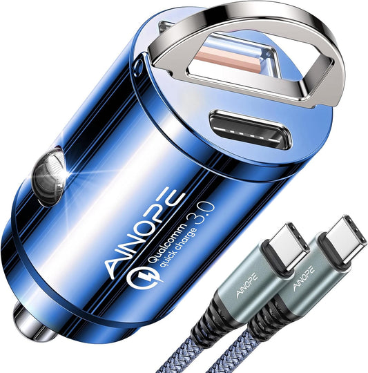 AINOPE 90W Super Fast Car Charger, Invisible USB C 45W Car Charger Fast Charging Type C, [Mini&Metal] Cigarette Lighter USB Adapter Fits Samsung Galaxy S25 Ultra S24 iPhone 16 15 Pro Max Piexl, Blue