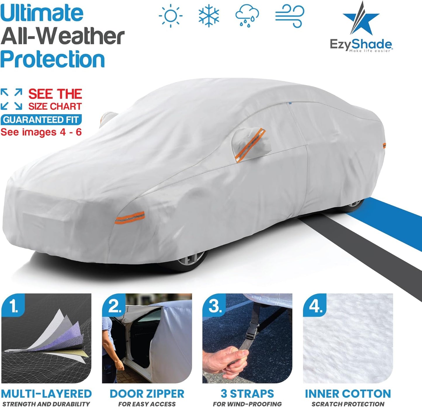EzyShade 10-Layer Car Cover Waterproof All Weather. See Vehicle Size-Chart for Accurate Fit. Outdoor Full Exterior Covers for Automobiles Sedan Hatch SUV Rain Sun Protection. Size A7 (See SizeChart)