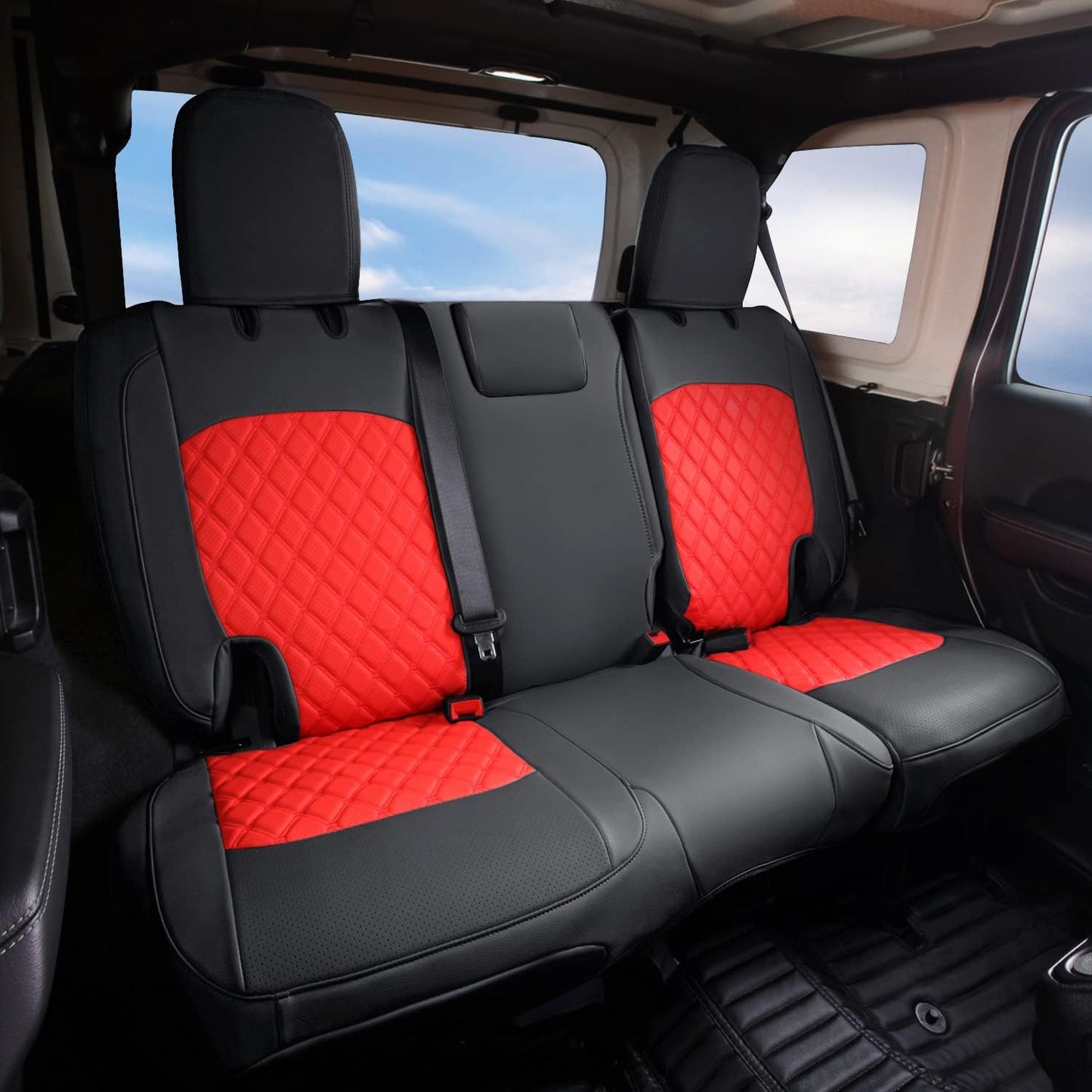 GIANT PANDA Fit Full Set Car Seat Covers for Jeep Wrangler 4 Door JL Sahara Sport Rubicon Unlimited Willys 2018 2019 2020 2021 2022 2023 2024 2025 Without Rear Cup Holder,Faux Leather (Black+Red)