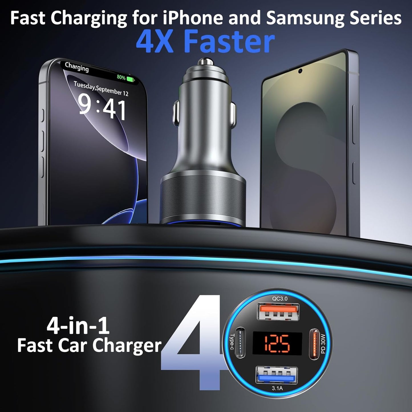 USB C Car Charger with Voltage Display, 3 Pack 65W Super Fast Charging Car Phone Charger Dual USB-A & USBC Cargador Carro Cigarette Lighter Adapter Volt Meter for iPhone,Samsung,Tablet,Android-Gray