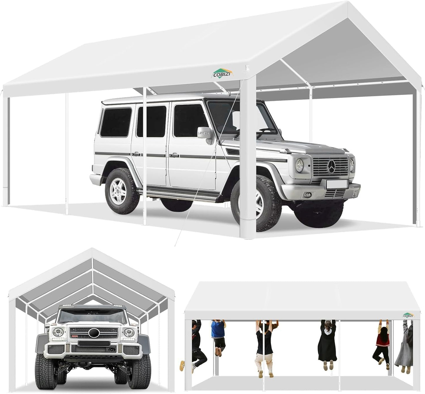 COBIZI Carport 10x20ft Heavy Duty Portable Garage, 2.0 Powder Coated Frame(Better Than Galvanized), Waterproof Shelter with Built-in Sandbags, for Car/Boat/SUV, White
