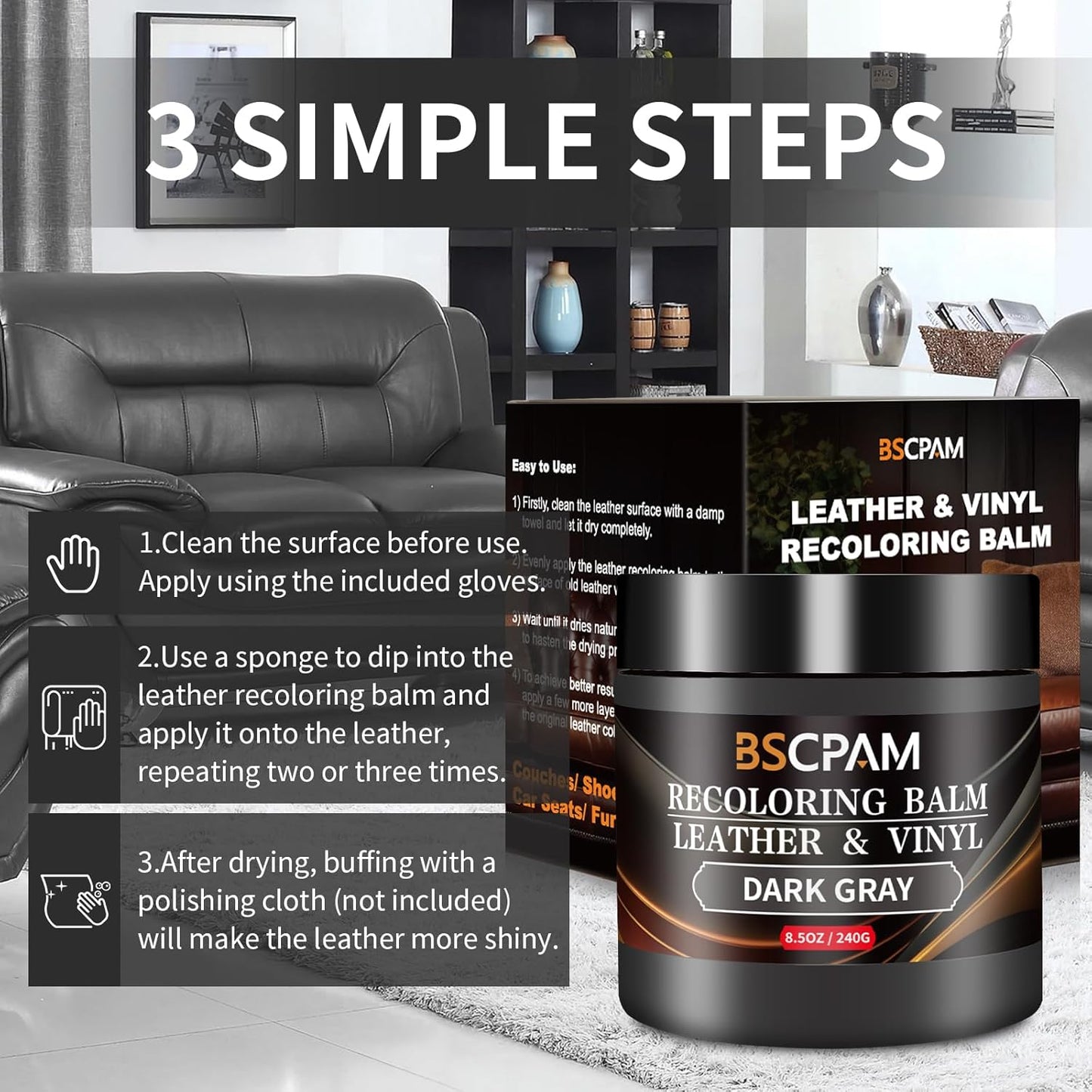 Dark Gray Leather Recoloring Balm,Leather Couch Scratch/Stain Remover,Leather Repair kit for Vinyl Furniture and Car Interior,Leather Dye Paint for Scratched and Faded Leather Couches