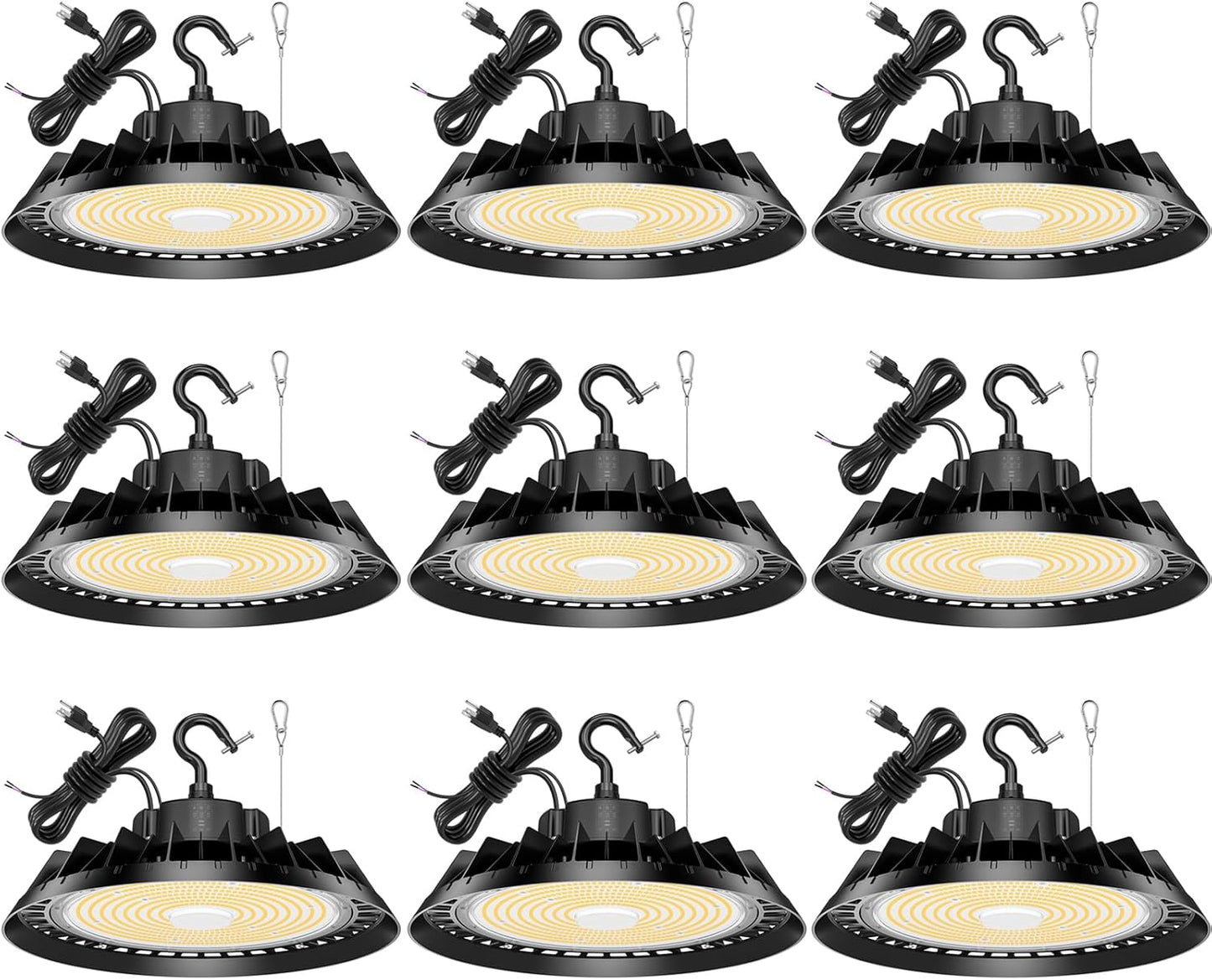 9Pack LED High Bay Lights, Super Bright 200W UFO High Bay LED Shop Lights, 30000LM 5000K, 0-10V Dimmable, 5' Cable Plug, IP65 Waterproof, ETL Listed Plug & Play Lighting for Gym Factory Warehouse