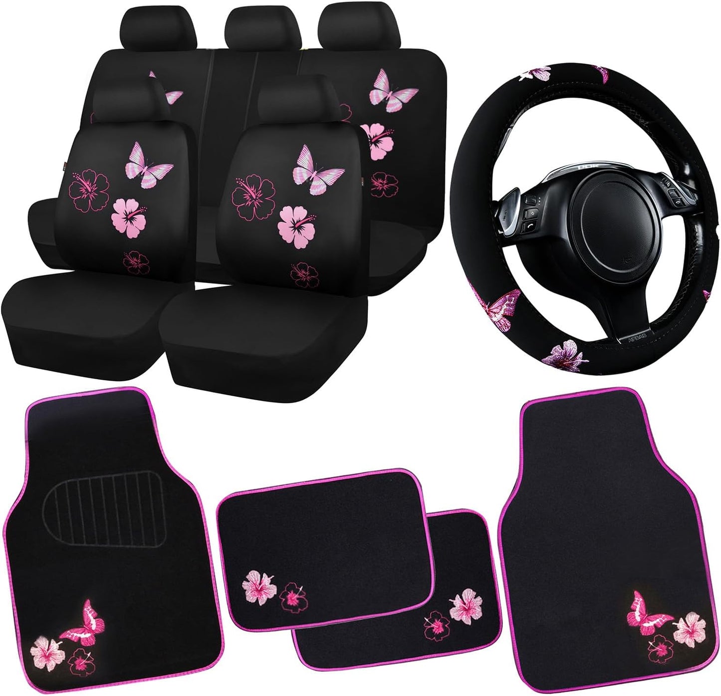 CAR PASS Universal Cloth Butterfly Car Seat Covers Full Set, Embroidered Flower Waterproof Car Floor Mats Carpet, Butterflies Steering Wheel Cover for Car Accessories Interior Sets (Black and Pink)