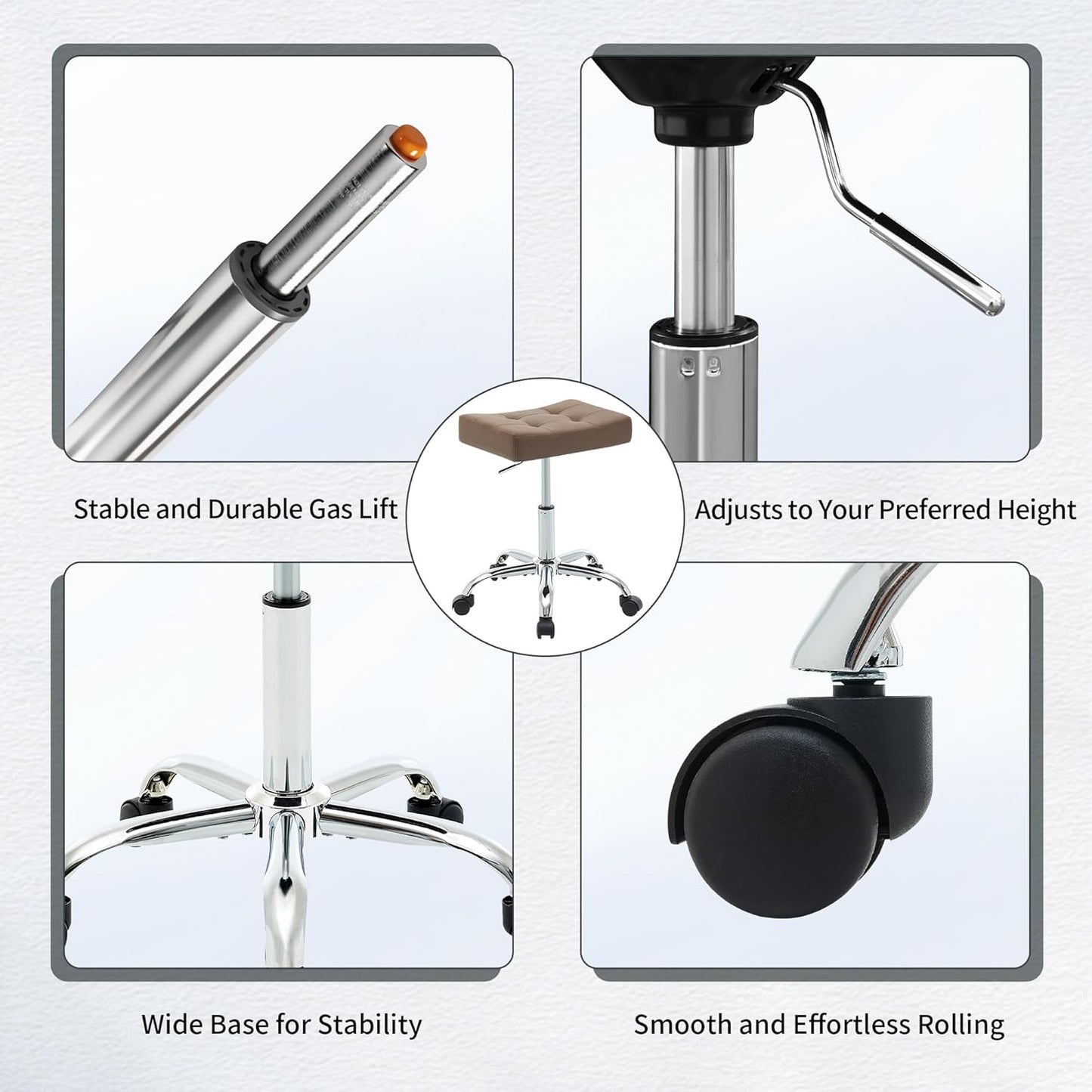 Ergonomic Desk Stool with Wheels (Adjustable Height 17"-21") (300lbs Capacity) Faux Leather Office Stool (Coffee Brown)