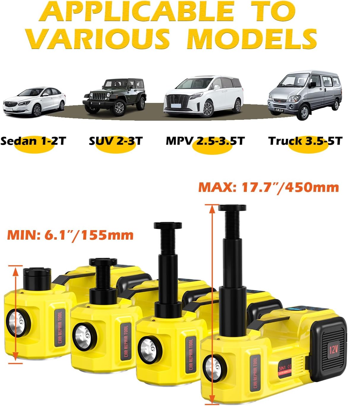 Electric Car Jack, 5 Ton 12V Digital Display Electric Jack for Car with E-Impact Wrench, Tire Inflator Pump and LED Light, (Lifting Range: 6.1~17.7 Inch) for Sedan, SUV, Truck Tire Change Replacement